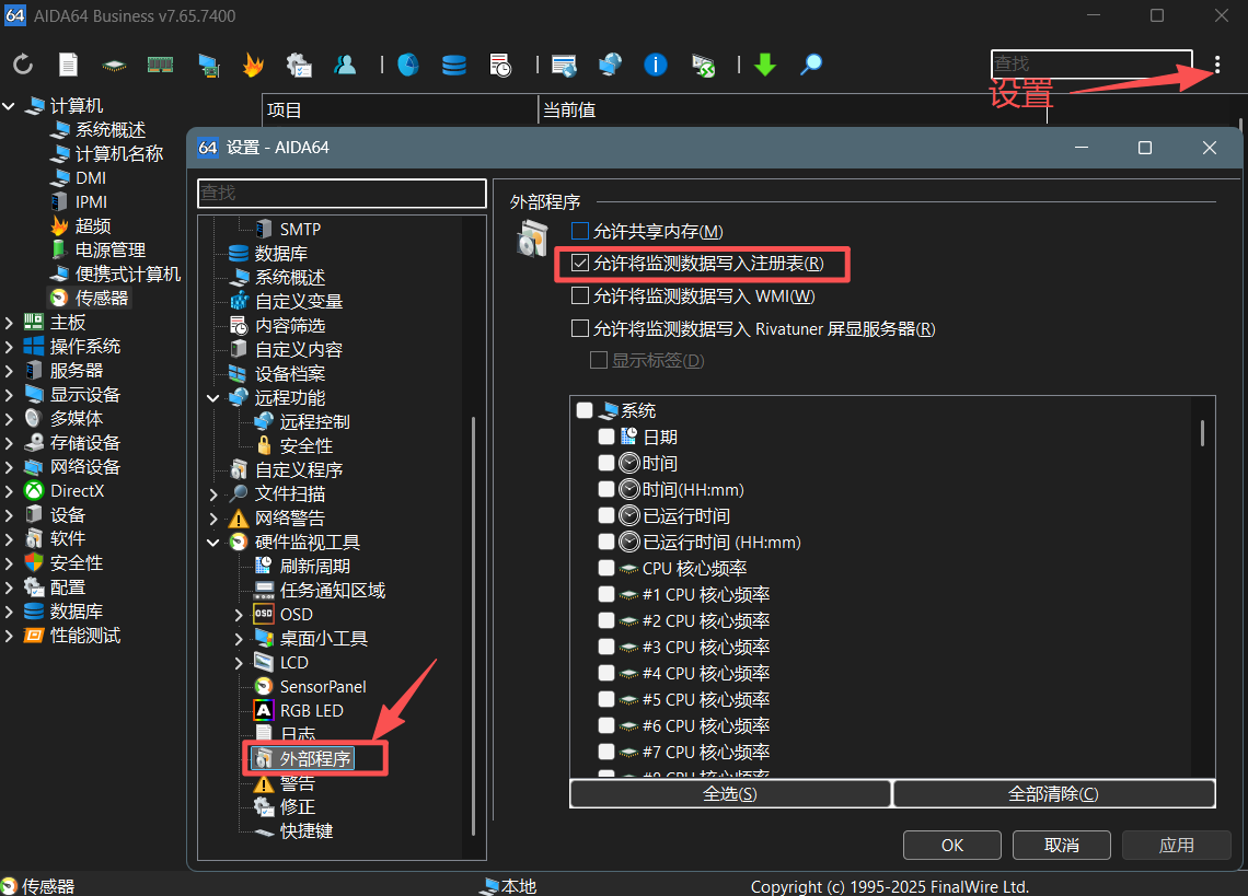 AIDA64 设置 → 硬件监视工具 → 外部程序，勾选「允许将监测数据写入注册表」